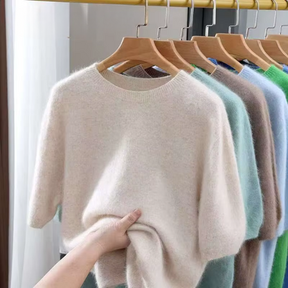 Pullover aus 100 % Kaschmir – Leichter Kurzarm-Strick, O-Ausschnitt, Einfarbig, Casual & Business