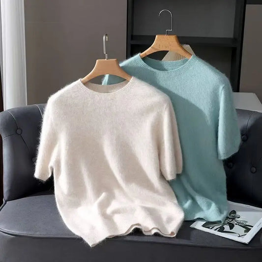 Pullover aus 100 % Kaschmir – Leichter Kurzarm-Strick, O-Ausschnitt, Einfarbig, Casual & Business