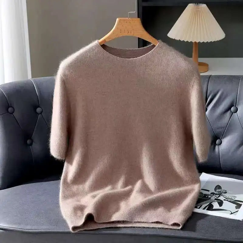 Pullover aus 100 % Kaschmir – Leichter Kurzarm-Strick, O-Ausschnitt, Einfarbig, Casual & Business