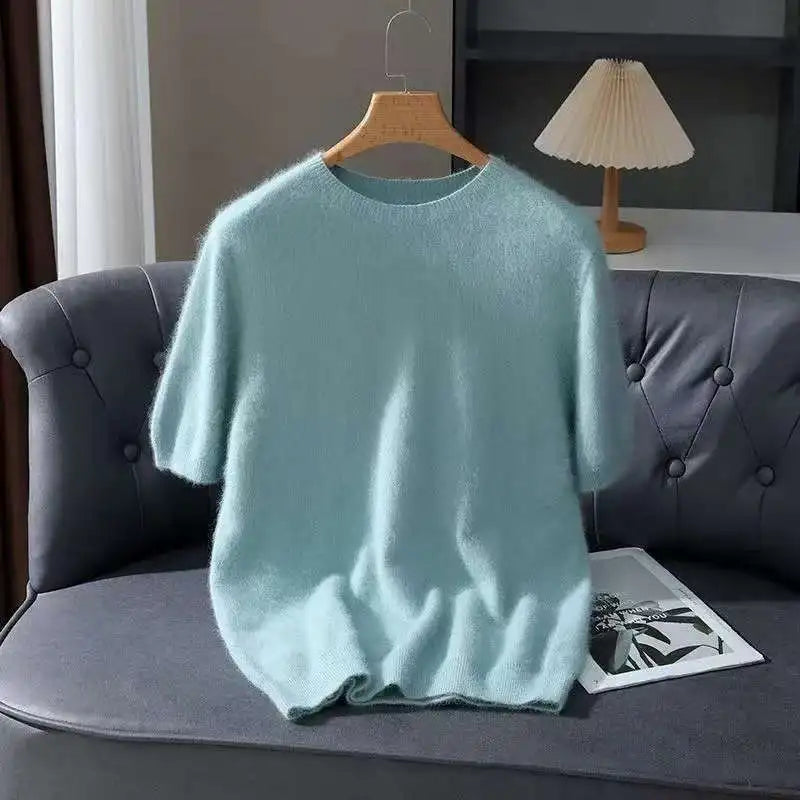 Pullover aus 100 % Kaschmir – Leichter Kurzarm-Strick, O-Ausschnitt, Einfarbig, Casual & Business
