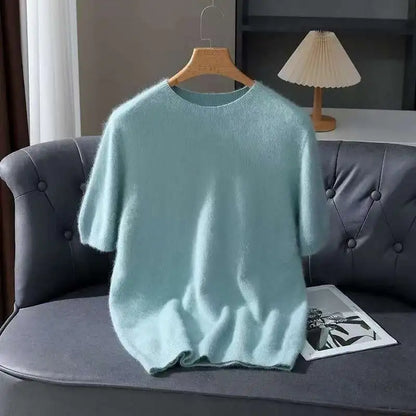 Pullover aus 100 % Kaschmir – Leichter Kurzarm-Strick, O-Ausschnitt, Einfarbig, Casual & Business