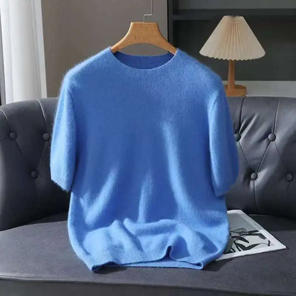 Pullover aus 100 % Kaschmir – Leichter Kurzarm-Strick, O-Ausschnitt, Einfarbig, Casual & Business