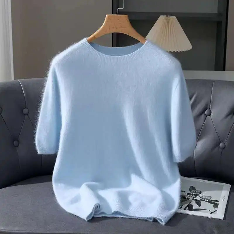 Pullover aus 100 % Kaschmir – Leichter Kurzarm-Strick, O-Ausschnitt, Einfarbig, Casual & Business