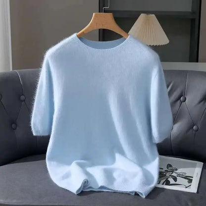 Pullover aus 100 % Kaschmir – Leichter Kurzarm-Strick, O-Ausschnitt, Einfarbig, Casual & Business