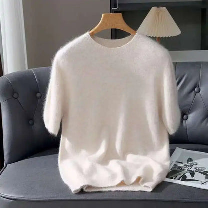 Pullover aus 100 % Kaschmir – Leichter Kurzarm-Strick, O-Ausschnitt, Einfarbig, Casual & Business