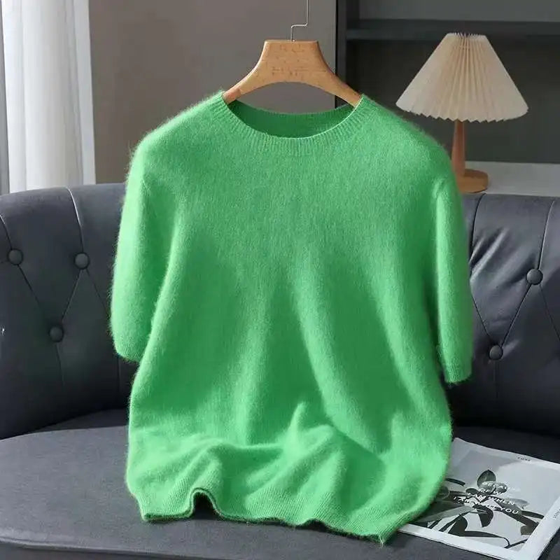 Pullover aus 100 % Kaschmir – Leichter Kurzarm-Strick, O-Ausschnitt, Einfarbig, Casual & Business