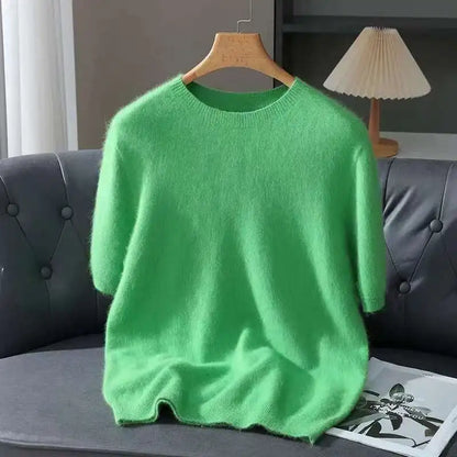 Pullover aus 100 % Kaschmir – Leichter Kurzarm-Strick, O-Ausschnitt, Einfarbig, Casual & Business