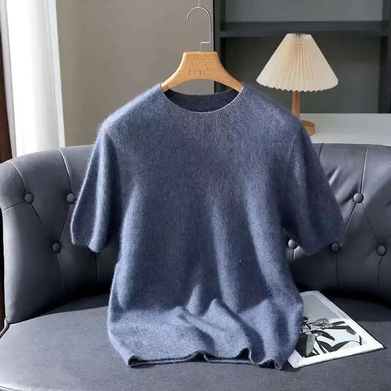 Pullover aus 100 % Kaschmir – Leichter Kurzarm-Strick, O-Ausschnitt, Einfarbig, Casual & Business