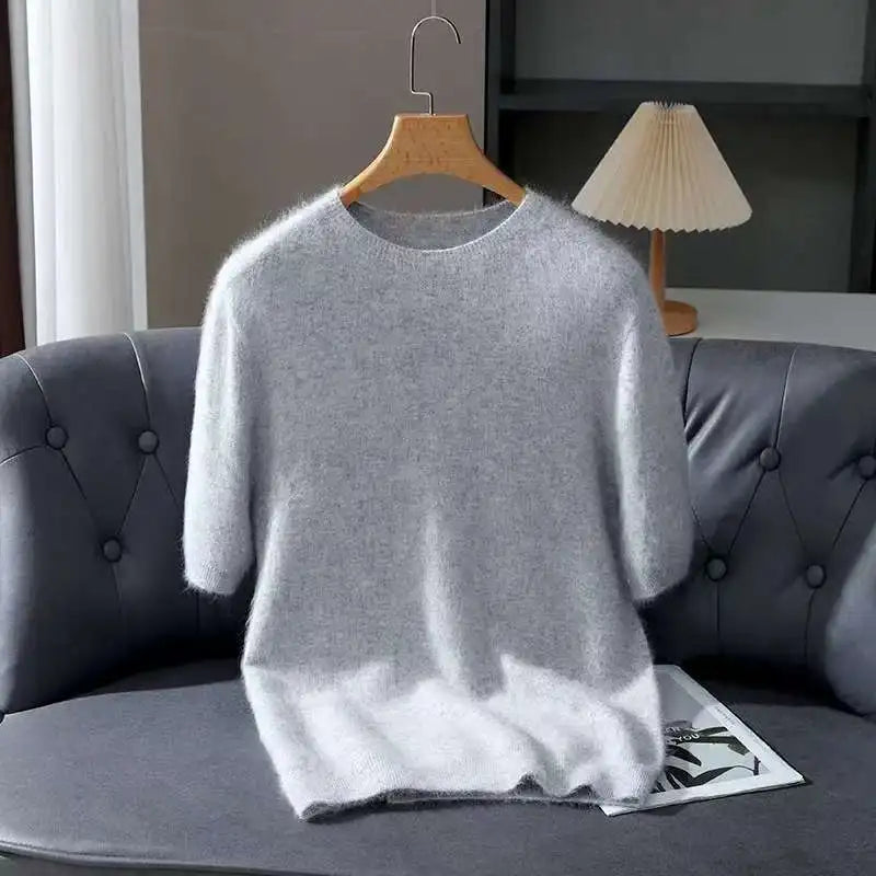 Pullover aus 100 % Kaschmir – Leichter Kurzarm-Strick, O-Ausschnitt, Einfarbig, Casual & Business