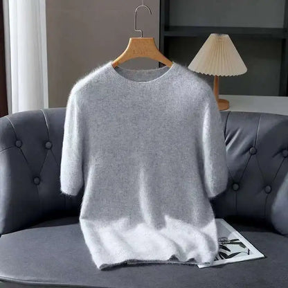 Pullover aus 100 % Kaschmir – Leichter Kurzarm-Strick, O-Ausschnitt, Einfarbig, Casual & Business
